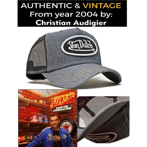 Y2K Authentic Vintage Von Dutch Originals Herringbone/Black Mesh Trucker Cap